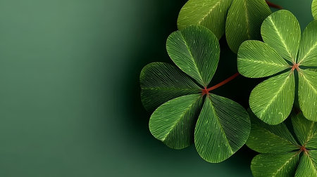 Close Up of Fresh Green Clover Leaves on a Pastel Green Surface for Celebrating St Patrick s Dayの素材