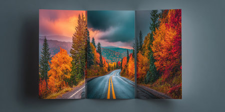 Breathtaking Autumn Road Adventure Scenic Escape Through Vibrant Forests and Picturesque Landscapesの素材