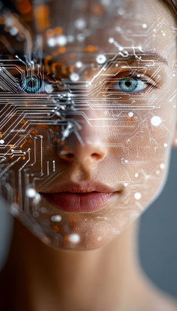 Futuristic Digital Woman Concept Showcasing Technological Advancements in AI and Cyborg Innovationの素材
