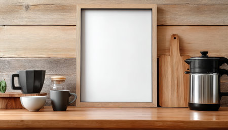 Elegant and Modern Kitchen Interior with Stylish Cups and Coffee Maker in Minimalist Design Settingの素材