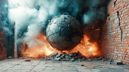 Massive Iron Sphere Crashes Through Brick Wall Causing Explosion and Chaos in the Ruined Structureの素材