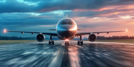 Commercial Airplane Ascending on a Flooded Runway at Sunset, Modern Aircraft Taking Offの素材