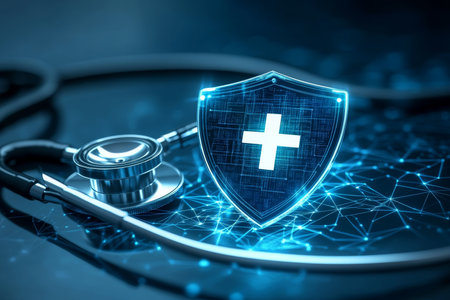 Medical Protection Concept Shield Symbolizing Patient Data Security on Stethoscope in Cyber Worldの素材