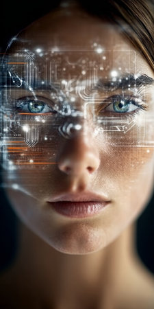 Futuristic Female Face Showcasing Advanced Technology and Human-AI Interaction in Cybersecurityの素材