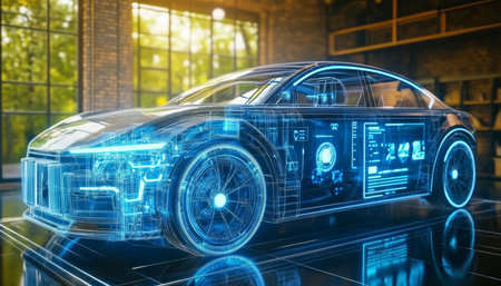 Futuristic Electric Vehicle Repair Concept Featuring Advanced Technology and User-Friendly Interfaceの素材