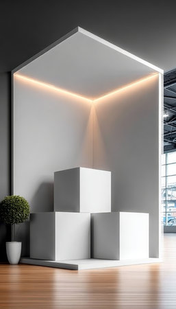 Modern Exhibition Design Featuring a White Podium Display for an Eye-Catching Product Showcaseの素材