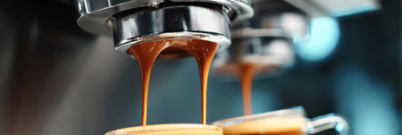 Freshly Brewed Espresso Pouring into Shot Cups from Machine at a Modern Cafe Bar for Coffee Loversの素材