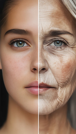 A Young Woman s Journey Through Time The Contrast of Youthful Skin and Aging Reflectionsの素材
