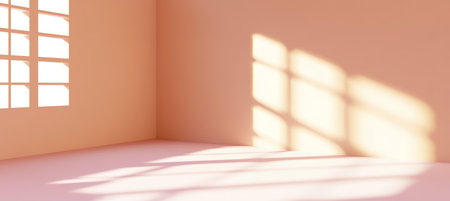 Aesthetic Minimalist Pastel Studio Interior with Soft Lighting and Sunlight Shadows on the Wallsの素材