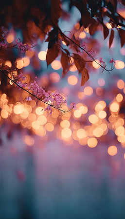 A Serene Autumn Evening with Twinkling Lights and Copper Leaves Creating a Magical Atmosphereの素材