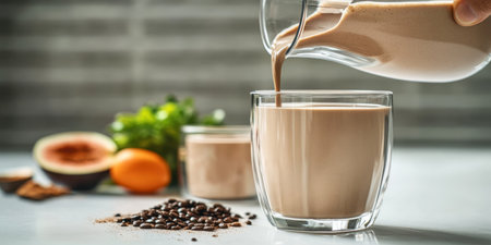 Nutritional beverage being poured into a modern clear glass, showcasing vibrant fruits and grainsの素材