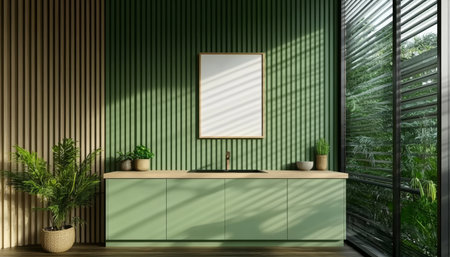 Bright and Minimalist Modern Kitchen with Blank Poster, Vertical Slats, and Indoor Plants.の素材
