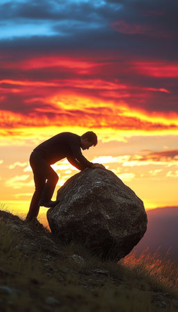 A Determined Figure Struggling to Push a Heavy Boulder Up a Hill at Sunset, Symbolizing Perseveranceの素材