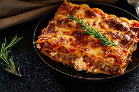 Deliciously Layered Sausage Ricotta Lasagna Served on a Decorative Black Plate with Fresh Herbsの素材