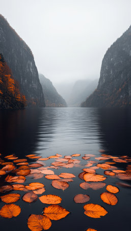 Majestic Autumn Lake Surrounded by Colorful Forests Reflecting Serenity and Tranquility in Natureの素材