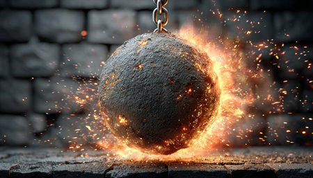 Dramatic Wrecking Ball Poised to Strike Against a Distressed Stone Wall, Symbolizing Destructionの素材