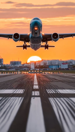 Dramatic Sunset or Sunrise at Airport with Commercial Airplane Taking Off Over Vibrant Skyの素材