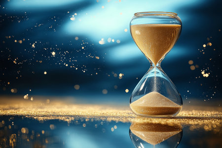 Hourglass Sand Timer Symbolizing Fleeting Time and Reflections in a Creative Studio Environmentの素材