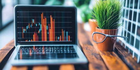 Businessman Analyzing Stock Market Trends and Financial Charts on Laptop at Modern Office Workspaceの素材