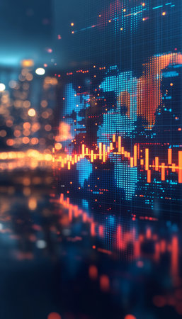Stylized Modern Market Analysis Presentation with Blue Geometrical Patterns and Trend Curves Visualsの素材