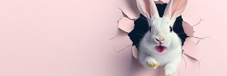 Charming Easter Scene with White Adorable Rabbit Emerging from Pink Background Hole, Spring Joyの素材