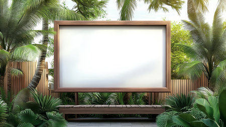 Blank wooden scene mockup against lush tropical forest foliage, perfect for advertisement display.の素材