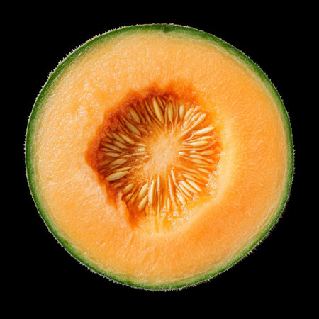Fresh Cantaloupe Half on Dark Background Highlighting Bright Orange Hue and Natural Textureの素材