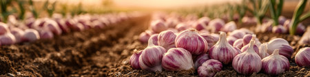 Aromatic Garlic Bulbs in Neat Rows Ready for Harvest, Healthy Plants Thriving in a Soil Garden Bedの素材