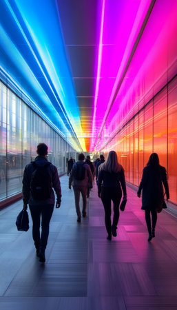 Modern Travelers Navigate a Digital Tunnel Filled with Vibrant Neon Lights and Abstract Connectivityの素材