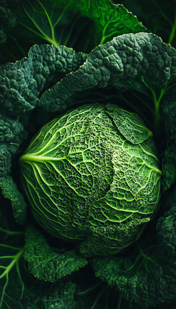 Vibrant Savoy Cabbage with Lush Green Leaves and Organic Garden Background for Culinary Inspirationの素材