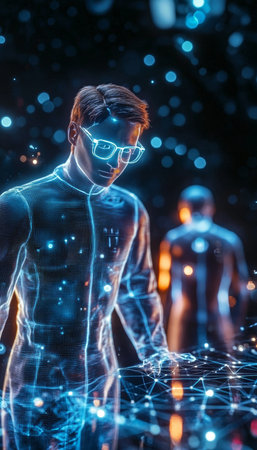 Futuristic medical technology interface with digital figures showcasing precision healthcare.の素材