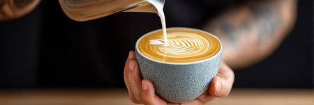 Skilled Barista Creating Stunning Latte Art with Milk Foam in a Delicious Coffee Drink Presentationの素材