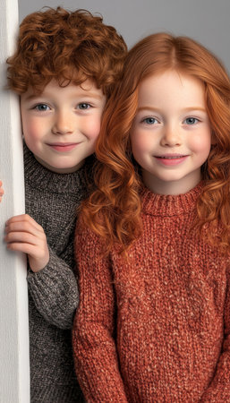 Cheerful Ginger Haired Siblings Playfully Peeking Out from Behind a White Structure in Studioの素材