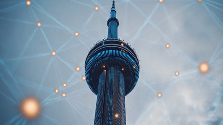 Toronto Skyline Featuring Iconic CN Tower Silhouetted Against a Blue Digital Network Backgroundの素材