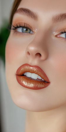 Mesmerizing Close-Up Portrait of a Seductive Beauty with Flawless Golden Lips and Glamorous Makeupの素材