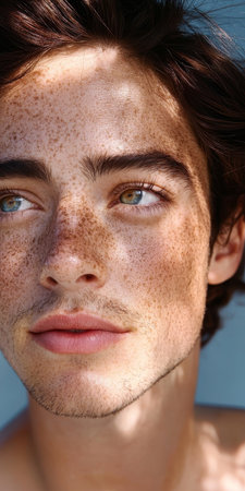Young man with freckles in soft light, embodying natural beauty and a calm, peaceful expression.の素材