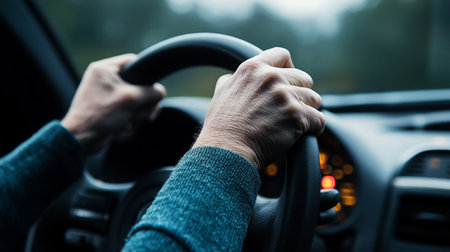 Safety First A Confident Driver Steering a Vehicle on a Busy Asphalt Road During Commuteの素材