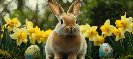 Graceful Easter Bunny with Colorful Eggs in a Sunny Meadow Surrounded by Blooming Daffodilsの素材
