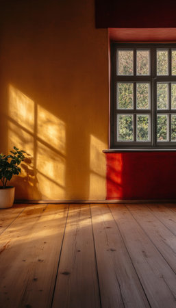 Sunlight Cascades into a Serene Minimalist Room with Warm Yellow Walls and Wooden Flooringの素材