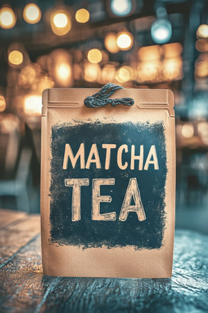 Elegant rustic matcha tea presentation with textured kraft pouch and chalkboard aesthetic packagingの素材