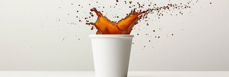 Dynamic Splash of Dark Coffee Creates Stunning Imagery Over a Plain Disposable Paper Cup on Tableの素材