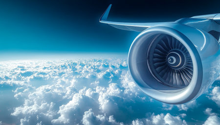 Close-up View of Airliner Engine Above Cloud Banks, Capturing the Thrill of Aerial Adventure Travelの素材