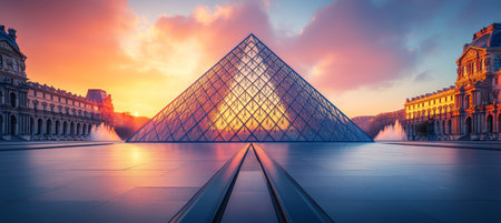 Stunning Louvre Pyramid at Dusk, Iconic Landmark in Paris, France, Showcasing Art and Architectureの素材