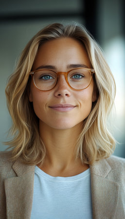 Stylish Blonde Woman with Glasses in a Corporate Setting, Exuding Confidence and Authenticityの素材