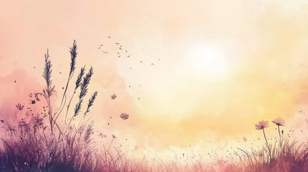 Tranquil Watercolor Meadow at Sunset, Soft Peach and Gold Skies Over Graceful Grass and Bloomsの素材