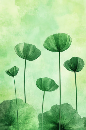 Delicate Pastel Mint Watercolor Floral Illustration with Soft Lighting and Whimsical Green Flowersの素材