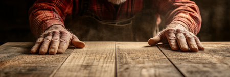 Craftsman Examining Precision-Milled Timber Plank for Quality, Rustic Tabletop with Plaid Clothingの素材