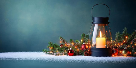 Elegant Christmas Lantern Decoration Surrounded by Snowy Fir Branches and Colorful Ornamentsの素材