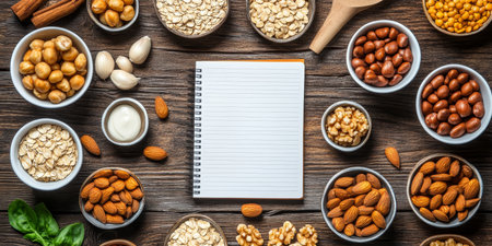Cozy kitchen flatlay with notepad and healthy vegan dish ingredients for culinary ideasの素材