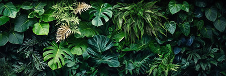 Lush Greenery of Ferns and Tropical Leaves Creating a Vibrant Plant Wall with Natural Beautyの素材